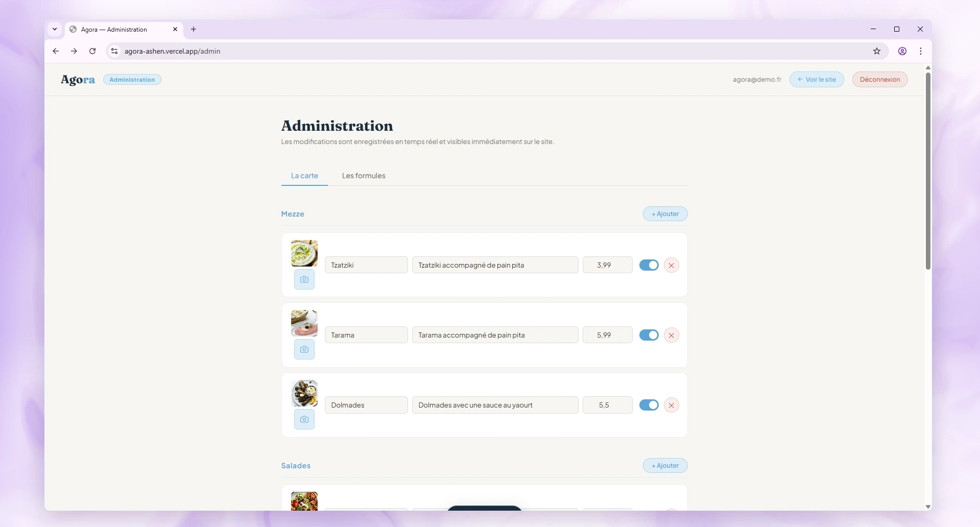 Gestion de la carte des plats dans le back-office Agora