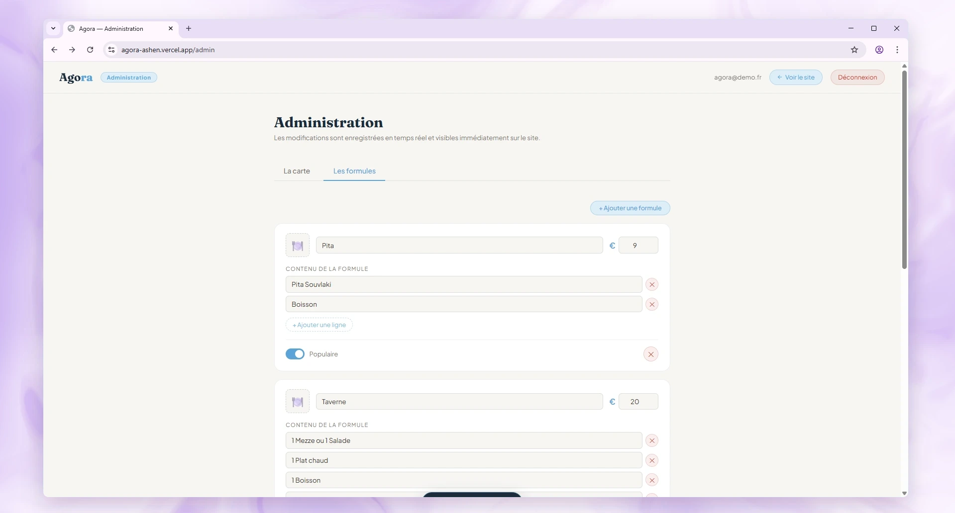 Gestion des formules dans le back-office Agora