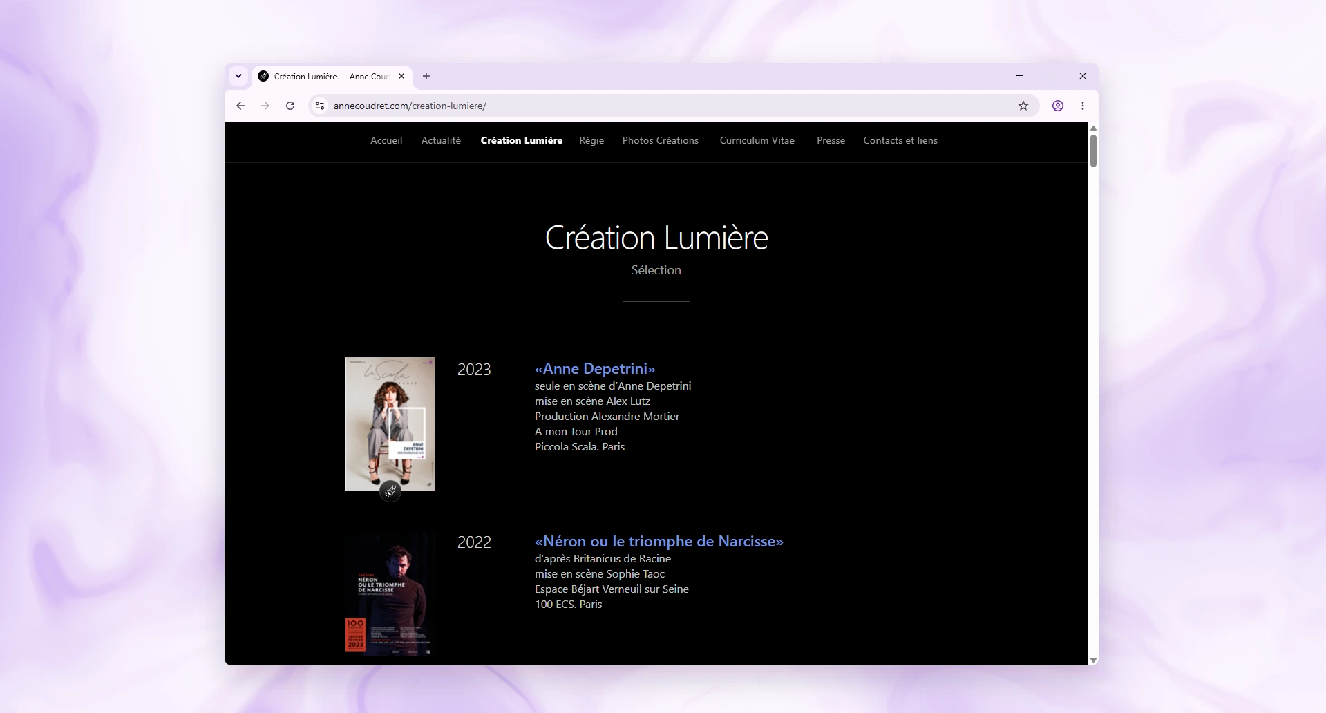 Page Création Lumière du site Anne Coudret