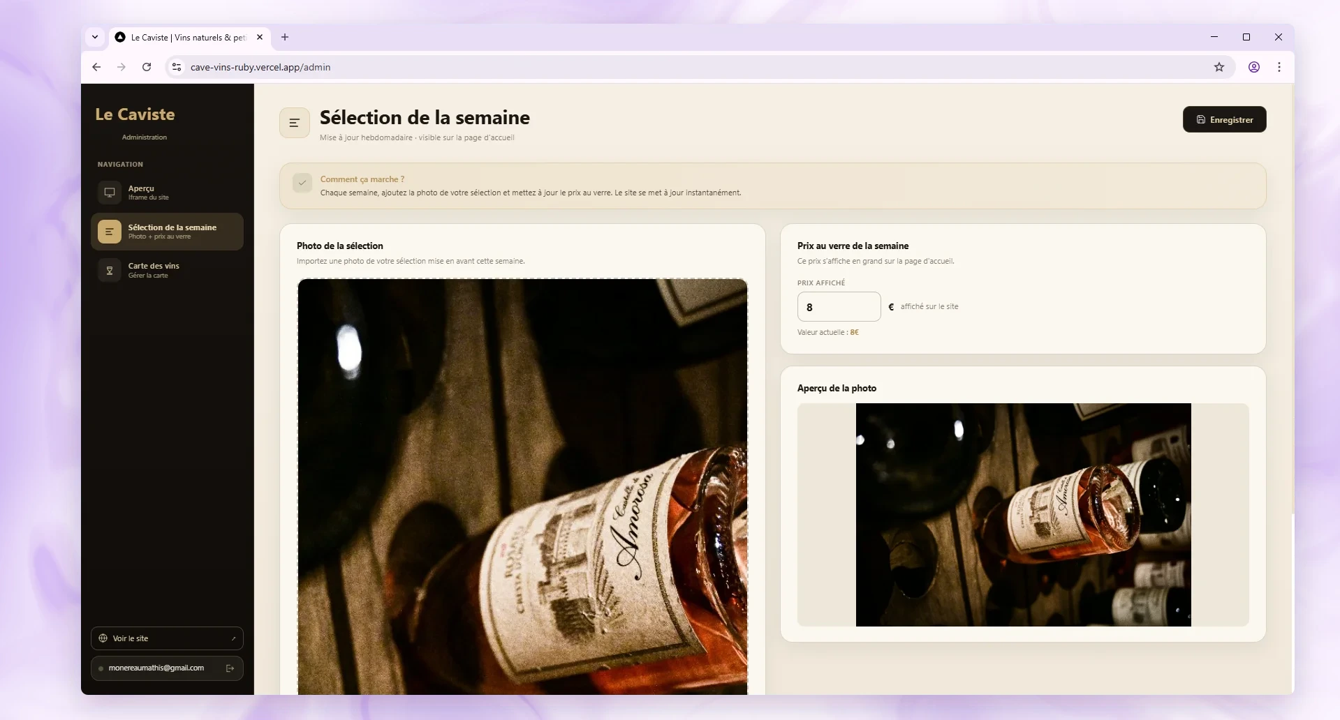 Gestion de la sélection de la semaine dans le back-office Le Caviste